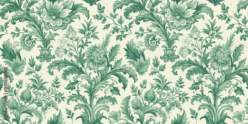 Elegant floral pattern in soft green hues, perfect for vintage decor.