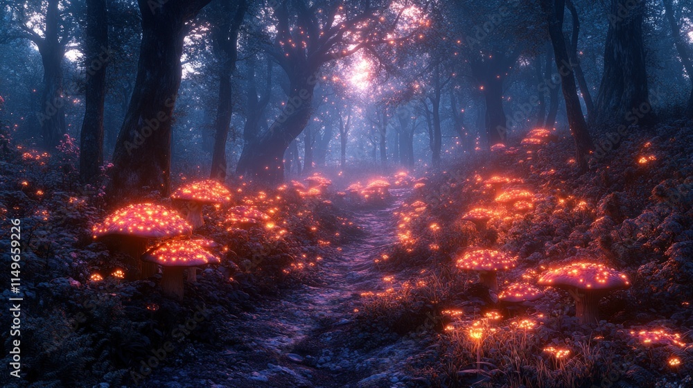 Enchanted forest path, glowing mushrooms, magical scene. Enchanted forest path, glowing mushrooms, magical scene.