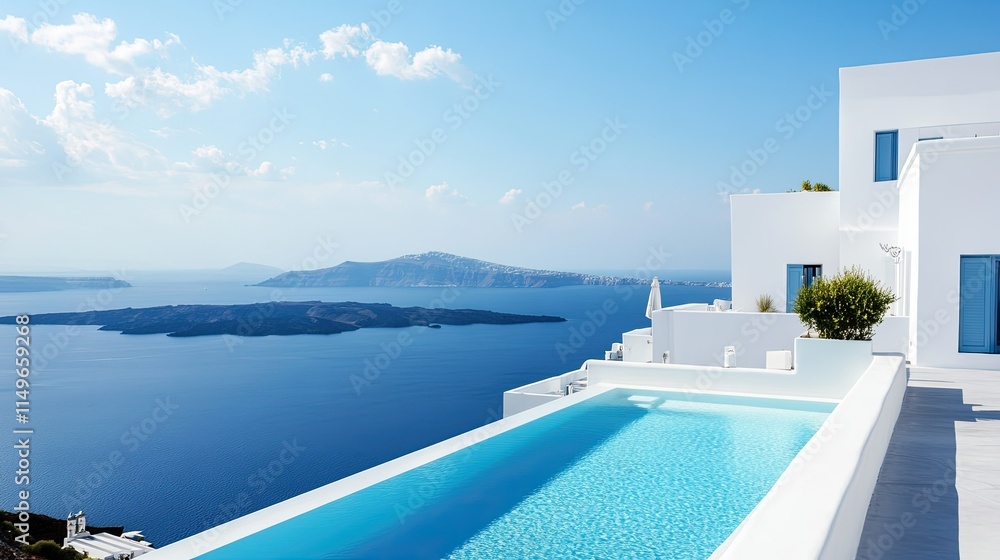 Fototapeta premium Serene Pool Overlooking Aegean Sea in Santorini, Greece Resort