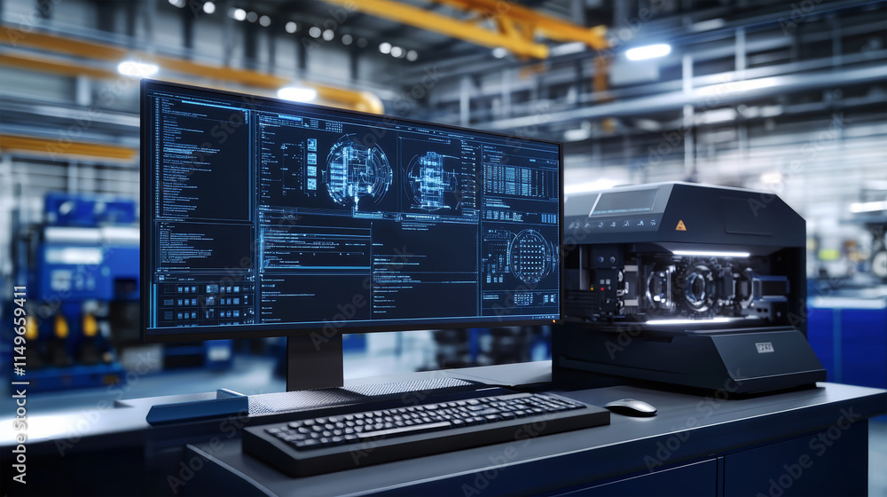 Naklejka premium Integration of digital design with industrial machinery in a modern factory environment