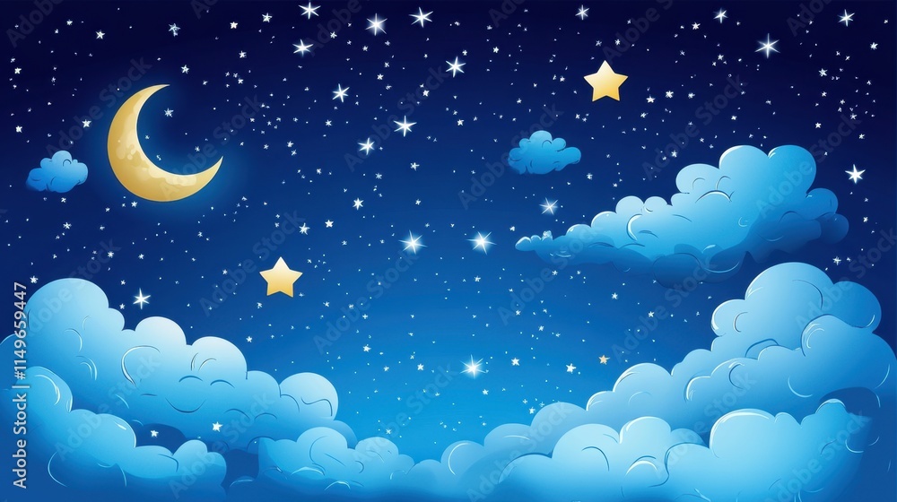 Night Sky Illustration with Clouds, Moon and Stars in Deep Blue Night Sky Illustration with Clouds, Moon and Stars in Deep Blue