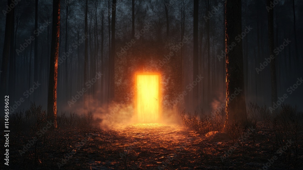 Mysterious Glowing Door in Enchanting Dark Forest at Dusk Mysterious Glowing Door in Enchanting Dark Forest at Dusk