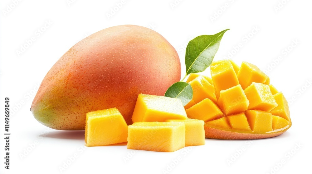Fresh, Juicy Mango with Cubes and Leaf on White Background Fresh, Juicy Mango with Cubes and Leaf on White Background