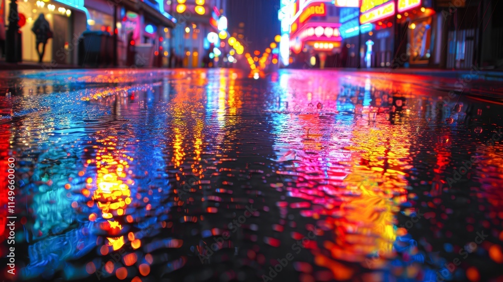 A vibrant urban street scene reflecting colorful neon lights on wet pavement, evoking a lively nightlife atmosphere, Ideal for concepts related to city life, nightlife, and modern aesthetics, A vibrant urban street scene reflecting colorful neon lights on wet pavement, evoking a lively nightlife atmosphere, Ideal for concepts related to city life, nightlife, and modern aesthetics,
