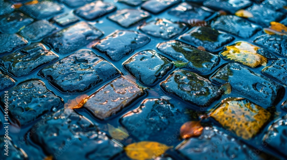 Obraz premium A close-up image of wet cobblestones reflecting light, with scattered autumn leaves providing a vibrant contrast, Ideal for themes like nature, weather, or urban landscapes,