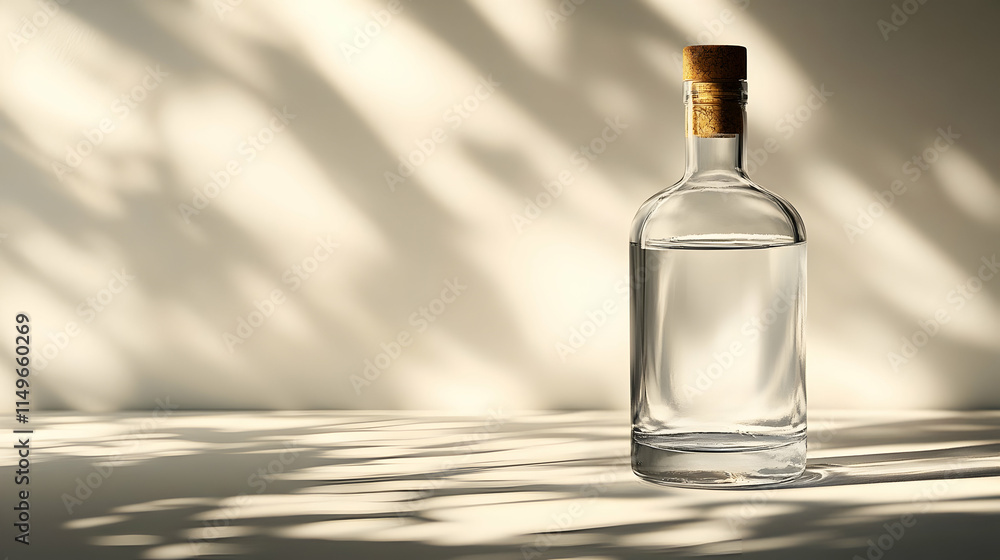 A clear glass bottle with a cork on a surface, illuminated by soft shadows. A clear glass bottle with a cork on a surface, illuminated by soft shadows.