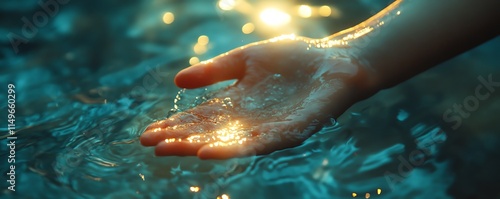 A woman s hand holding water droplets in a serene, tranquil setting, with the light shining through the water for a peaceful vibe