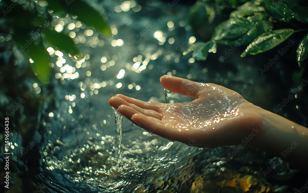 Fototapeta premium A womans hand holding a delicate stream of water, captured in a soft, natural light for a serene and peaceful water concept
