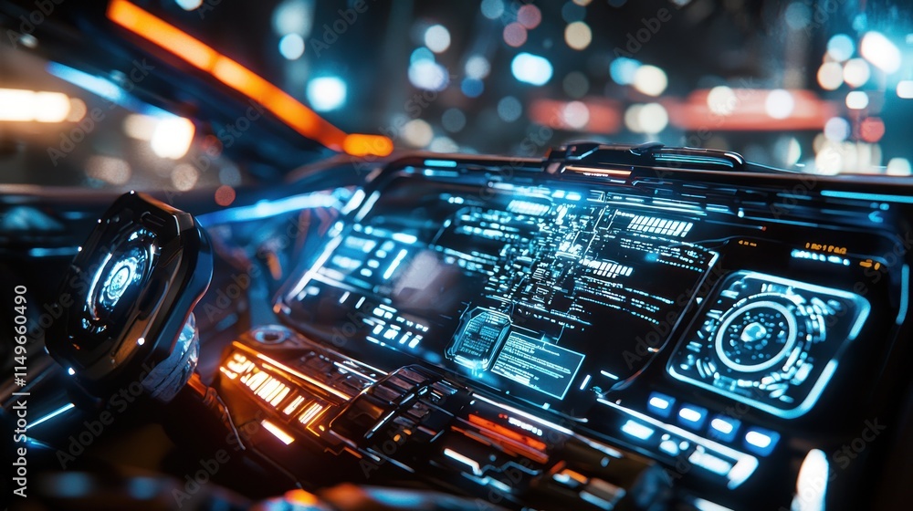 Futuristic Car Dashboard Interface: Neon Lights and Digital Displays Futuristic Car Dashboard Interface: Neon Lights and Digital Displays