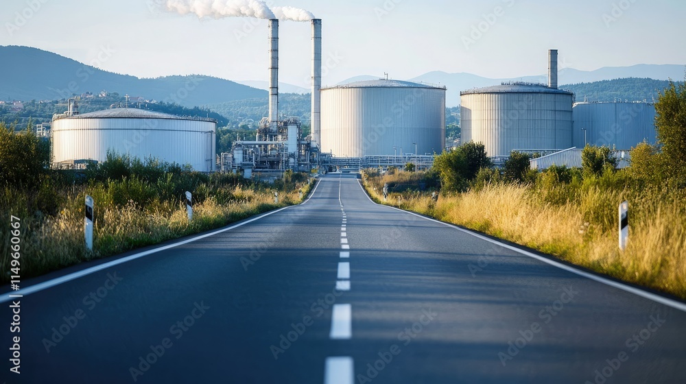 Industrial Landscape with Smokestacks, Storage Tanks, and Road
