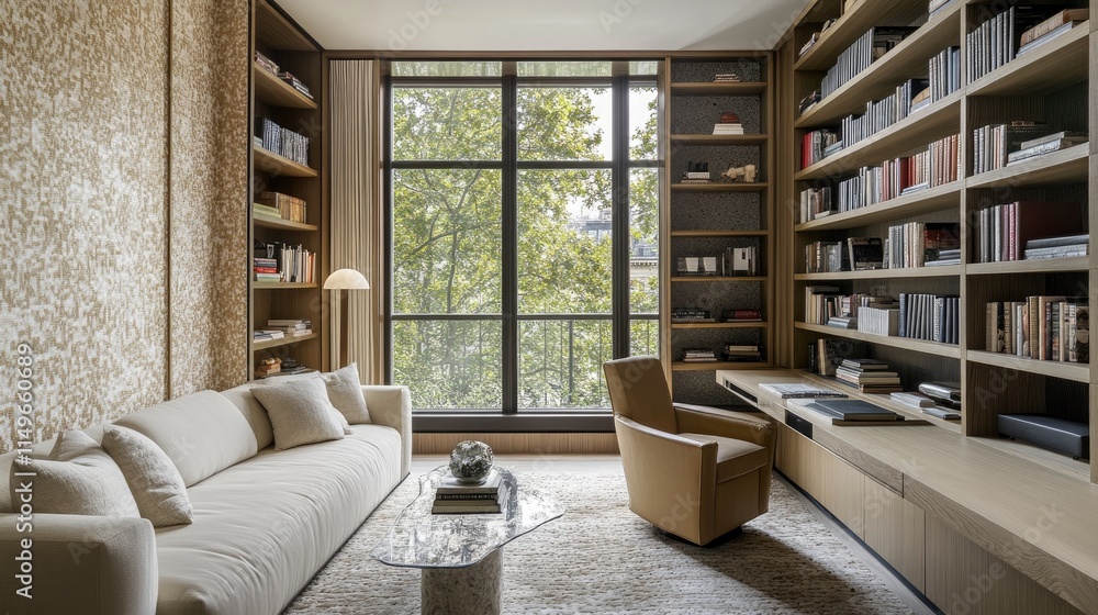 Cozy and Modern Home Office Interior with Large Window Natural Light Cozy and Modern Home Office Interior with Large Window Natural Light