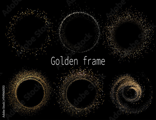 Isolated gold round frames with shiny small tinsel on black background.