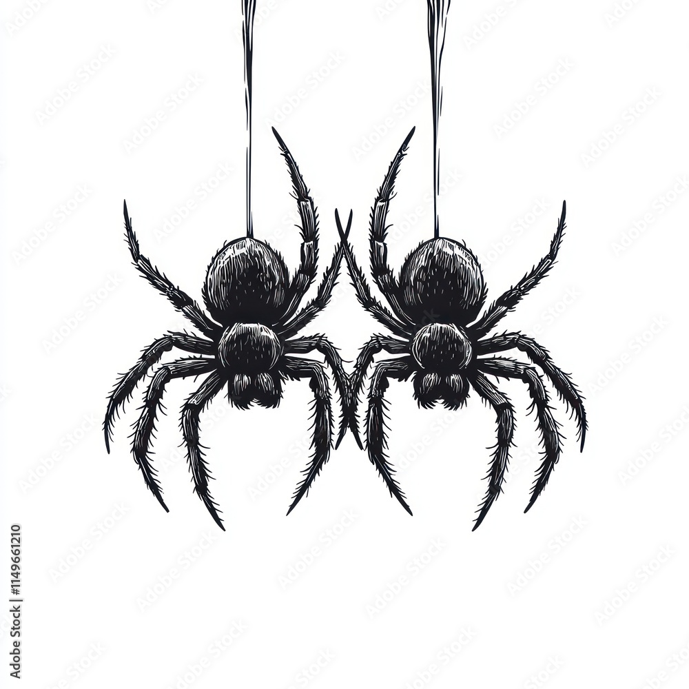 Two spiders hanging upside down on thin threads