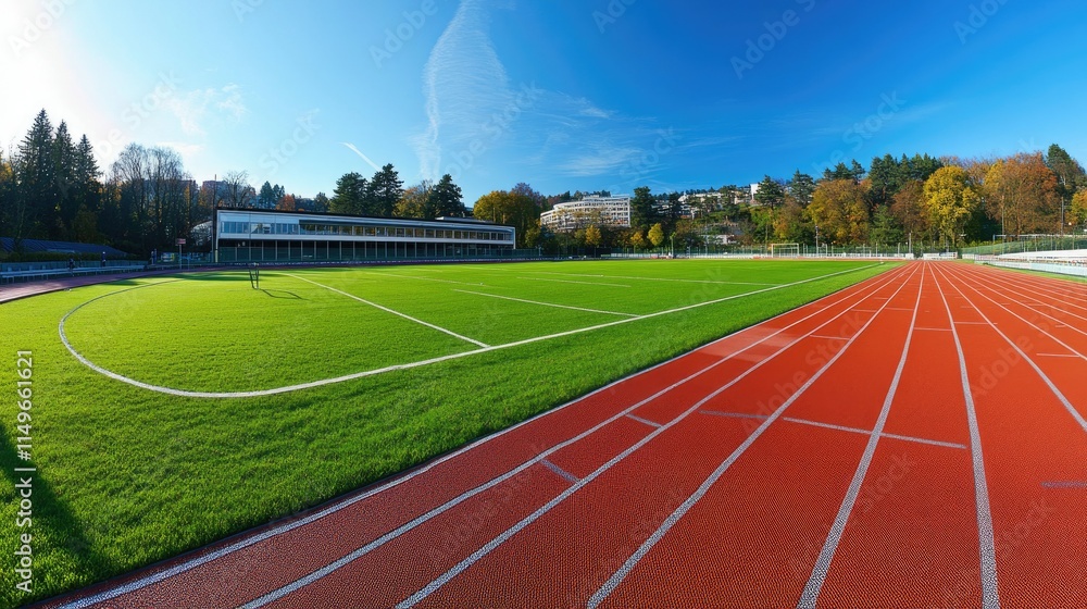 Fototapeta premium Vast Athletic Field with Track and Lush Green Grass Under Blue Sky