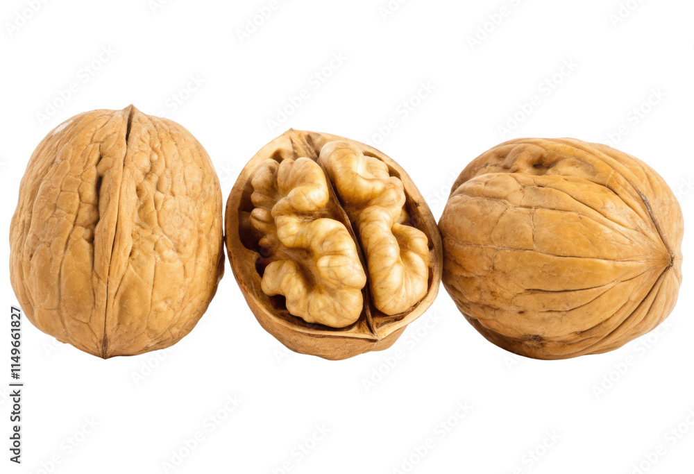 Three walnuts have two whole and half isolated with transparent background Three walnuts have two whole and half isolated with transparent background