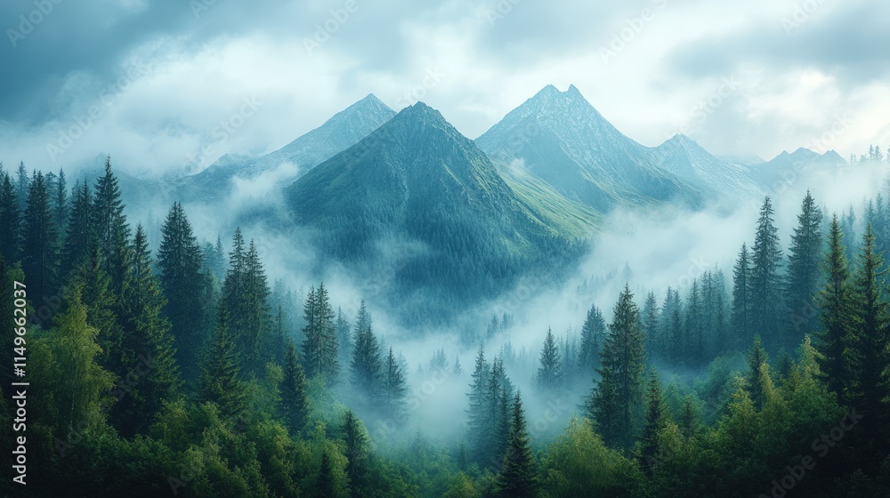Obraz premium Misty mountains, evergreen forest, serene landscape.