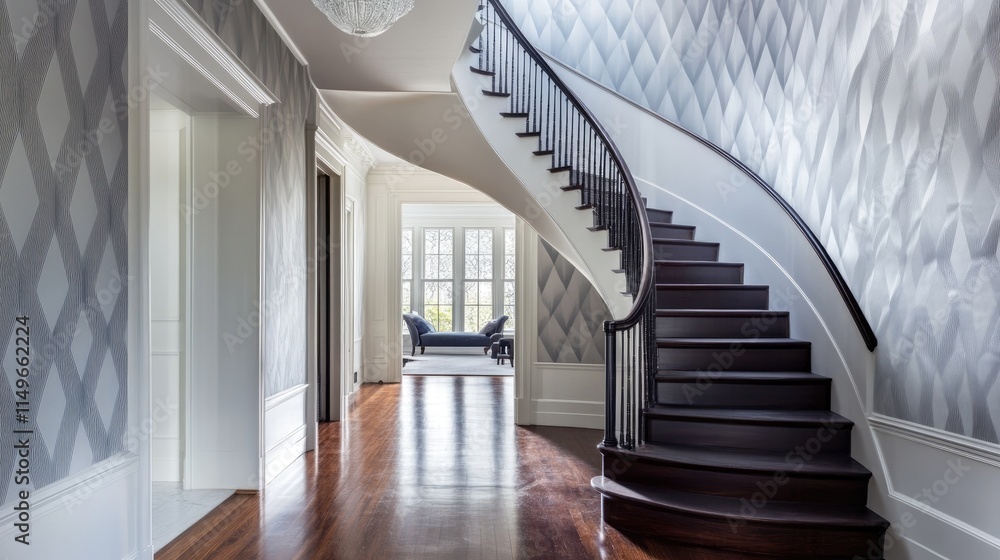 Obraz premium Elegant Interior Hallway with Curved Staircase and Natural Light