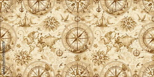 Vintage world map pattern with compasses and floral elements in sepia tones.