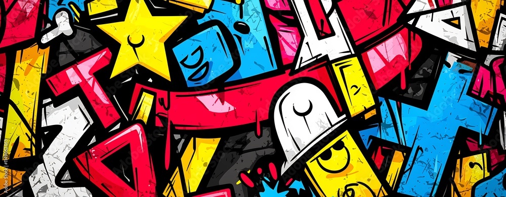 Vibrant Graffiti Wall Mural with Abstract Shapes Symbols and Lively Colors Representing Urban Art and Street Culture Vibrant Graffiti Wall Mural with Abstract Shapes Symbols and Lively Colors Representing Urban Art and Street Culture