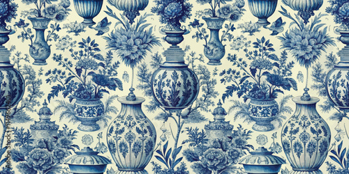 Elegant blue and white floral wallpaper with intricate vase designs.