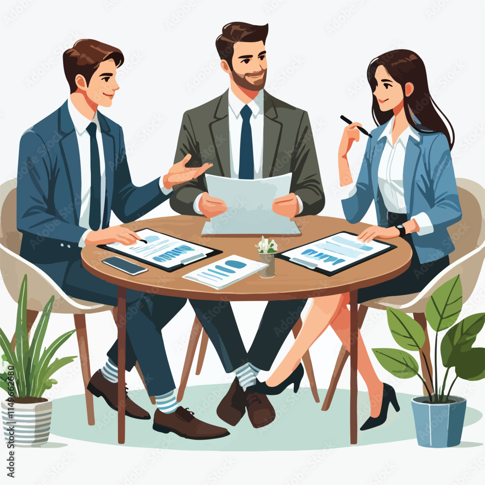 partners meeting for business discussion with documents and laptop on desk.couple at round table ,speaking ,discussing work,partnership.flat vector illustration isolated on a white background partners meeting for business discussion with documents and laptop on desk.couple at round table ,speaking ,discussing work,partnership.flat vector illustration isolated on a white background