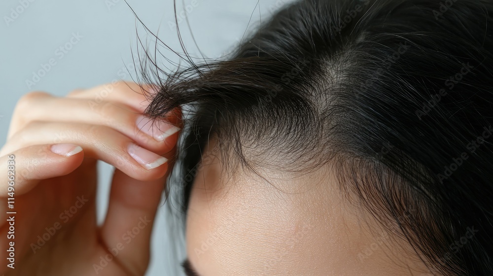Close-Up of Woman's Hand Touching Hairline with Fine Strands Close-Up of Woman's Hand Touching Hairline with Fine Strands