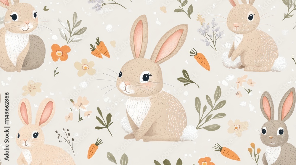Whimsical Bunny Pattern Design with Carrots and Flowers Whimsical Bunny Pattern Design with Carrots and Flowers