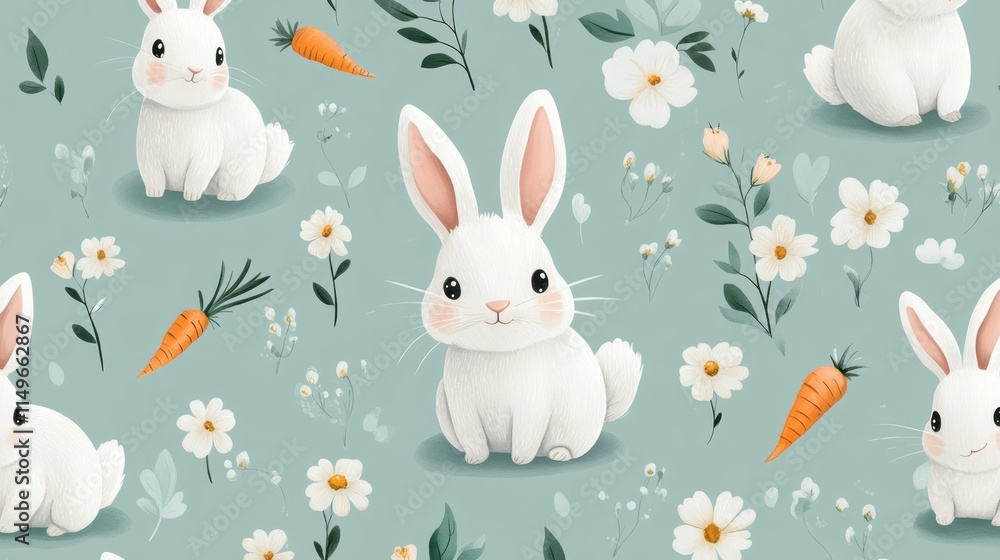 Cute Cartoon Rabbits with Carrots and Flowers in Pastel Background Cute Cartoon Rabbits with Carrots and Flowers in Pastel Background