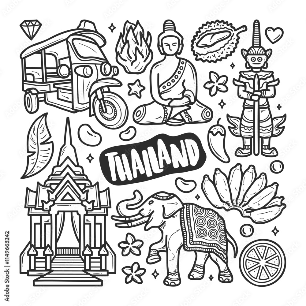 Naklejka premium Charming Thailand Doodle Featuring Temples, Elephants, and Tropical Vibes