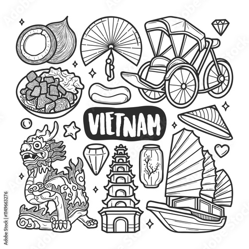 Hand-Drawn Vietnam Doodle Featuring Rice Fields and Traditional Hats
