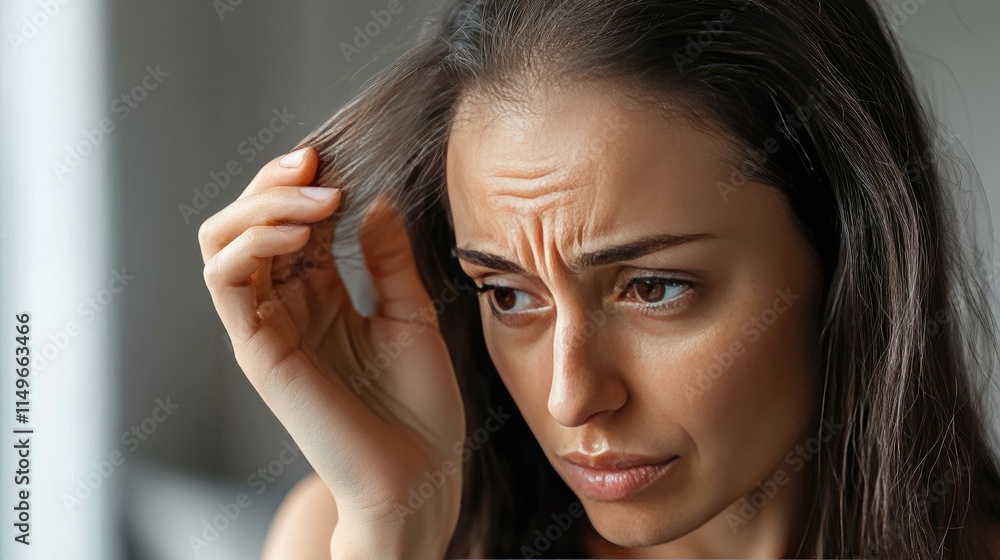 Obraz premium Woman with Concerned Expression Touching Hair in Soft Natural Light