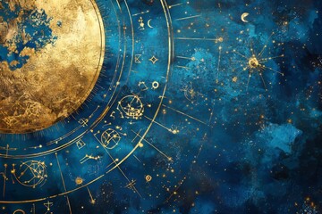 Beautiful astrology chart featuring zodiac signs in elegant shades of blue and gold tones