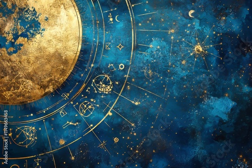 Beautiful astrology chart featuring zodiac signs in elegant shades of blue and gold tones photo