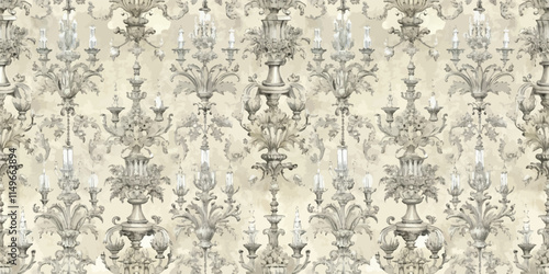 Elegant vintage wallpaper design featuring ornate candelabras and floral patterns.