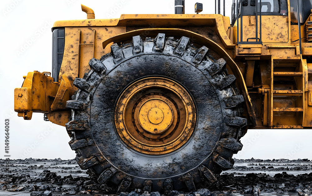 Close-up of a large, rugged tire on heavy machinery, showcasing its industrial purpose. Close-up of a large, rugged tire on heavy machinery, showcasing its industrial purpose.