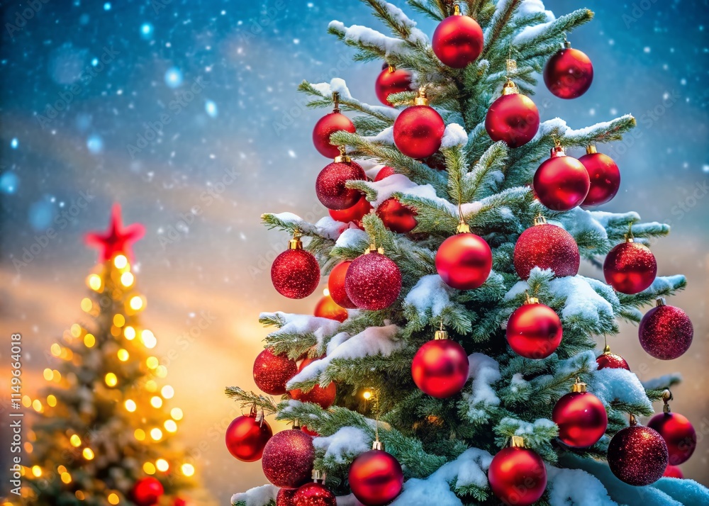 Snowy Christmas Tree with Red Balloons & Garlands - Festive Winter Holiday Decoration Snowy Christmas Tree with Red Balloons & Garlands - Festive Winter Holiday Decoration