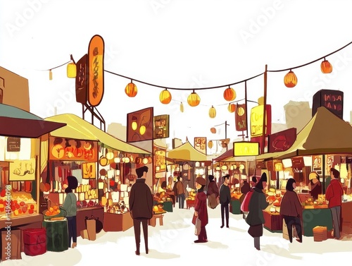 A busy market scene with people shopping and vendors selling their wares. The atmosphere is lively and bustling, with many people walking around and carrying bags