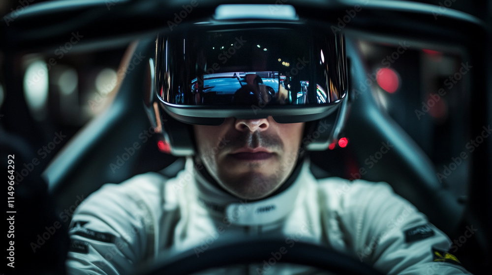 Driver in VR headset gets ready for a racing simulation in a tech-savvy environment Driver in VR headset gets ready for a racing simulation in a tech-savvy environment