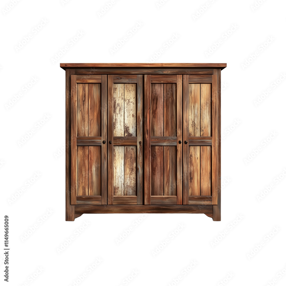 Rustic wooden cabinet with multiple doors, Isolated on white background Rustic wooden cabinet with multiple doors, Isolated on white background