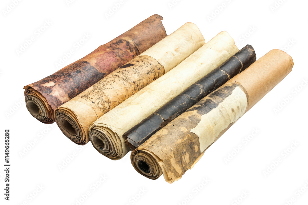 Ancient Rolled Parchment Scrolls Displayed Together, on transparent background Ancient Rolled Parchment Scrolls Displayed Together, on transparent background
