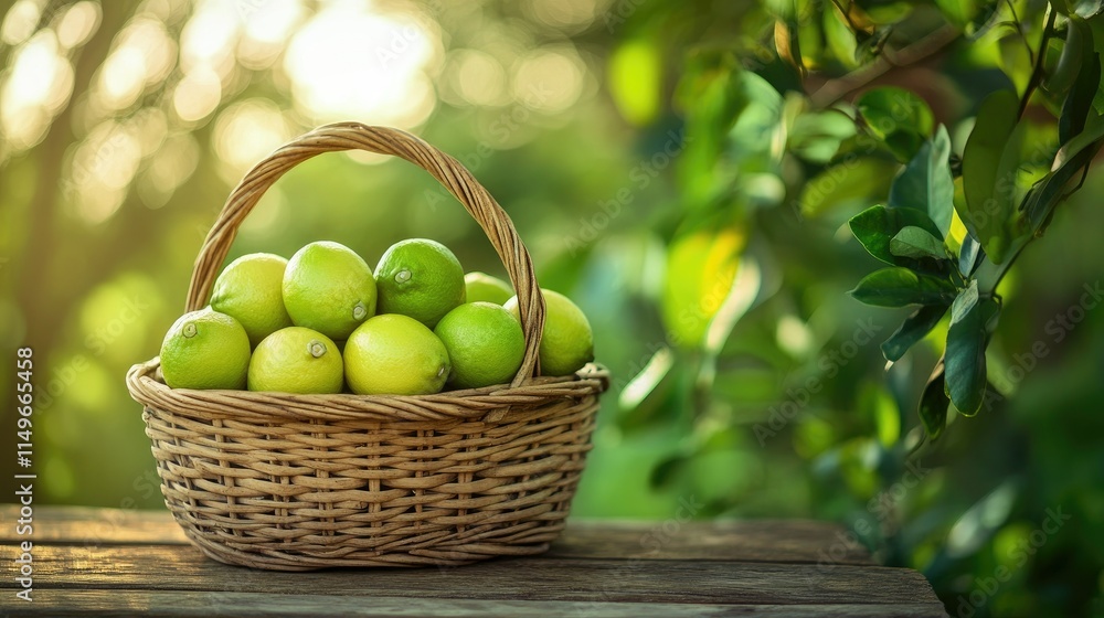 Fresh Green Limes in Woven Basket Surrounded by Lush Greenery Fresh Green Limes in Woven Basket Surrounded by Lush Greenery
