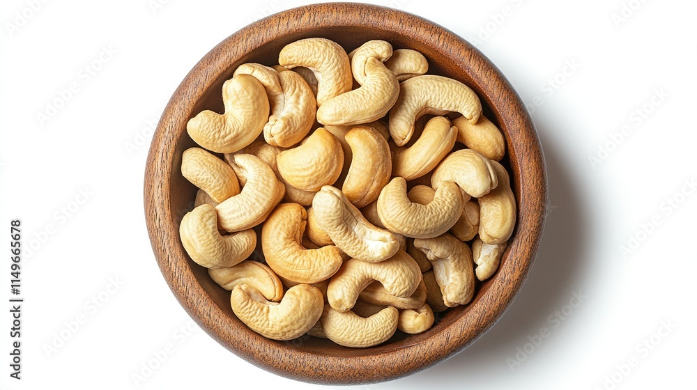Freshly Roasted Cashew Nuts in Wooden Bowl on White Background Freshly Roasted Cashew Nuts in Wooden Bowl on White Background
