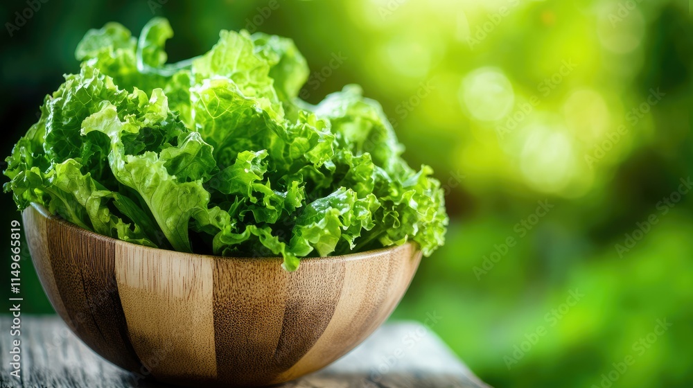 Fresh and Crisp Green Lettuce in a Wooden Bowl on a Table Fresh and Crisp Green Lettuce in a Wooden Bowl on a Table