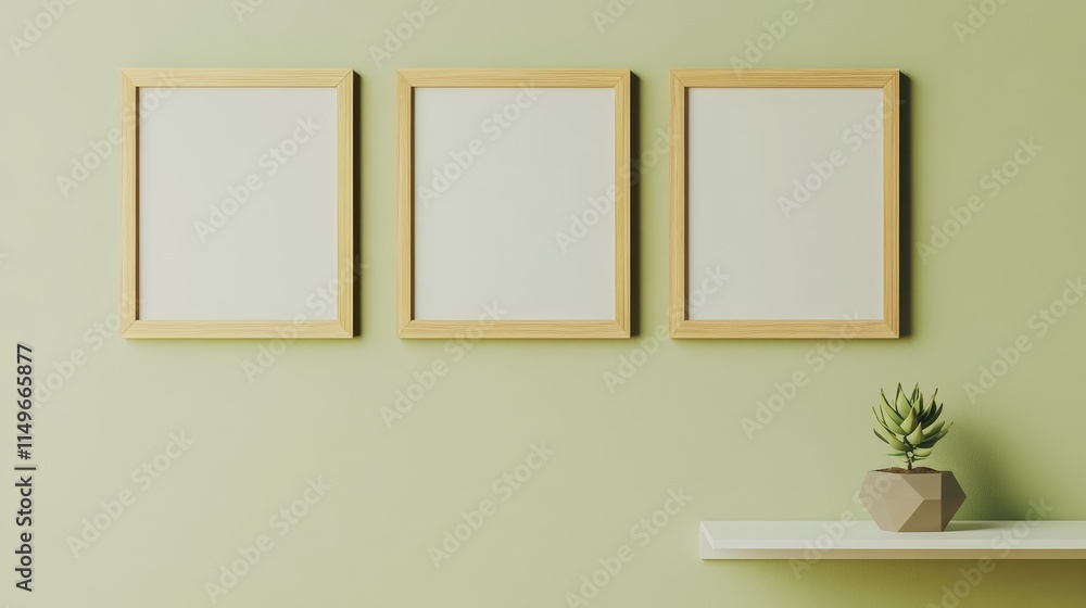 Three vertical wooden frames hang on a light olive green wall, with a simple white shelf on top of a geometric flower pot filled with succulent plants. Three vertical wooden frames hang on a light olive green wall, with a simple white shelf on top of a geometric flower pot filled with succulent plants.