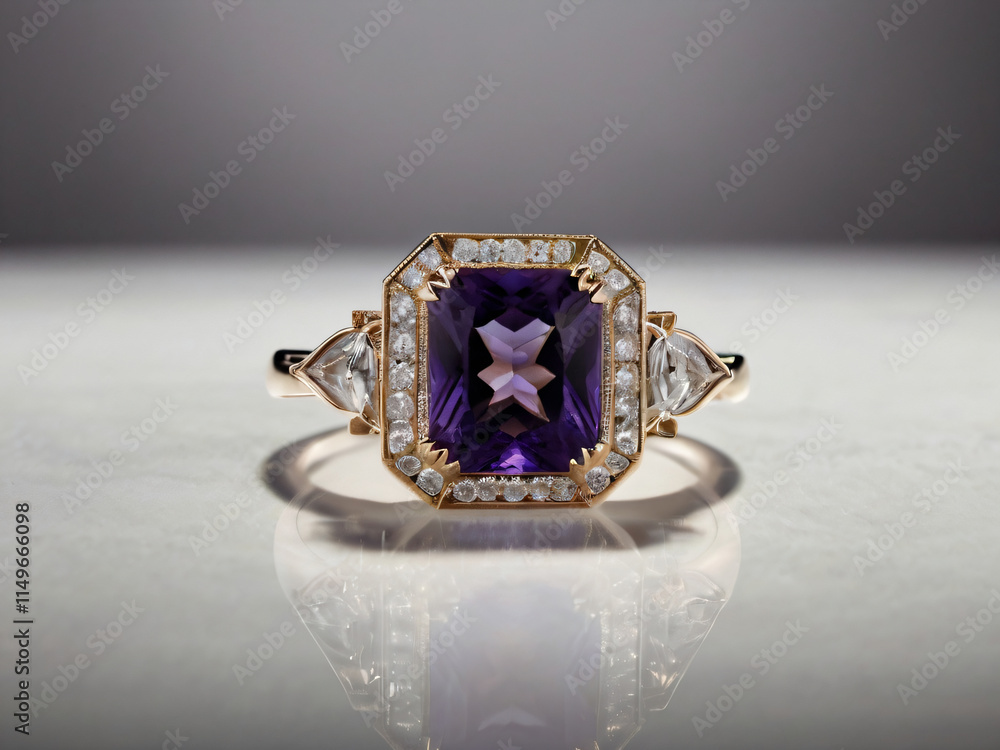 An elegant amethyst engagement ring with a prominent solitaire, set on a slender gold band. An elegant amethyst engagement ring with a prominent solitaire, set on a slender gold band.