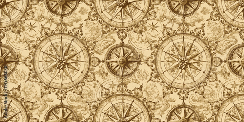 Vintage compass pattern in sepia tones creating a classic nautical vibe.