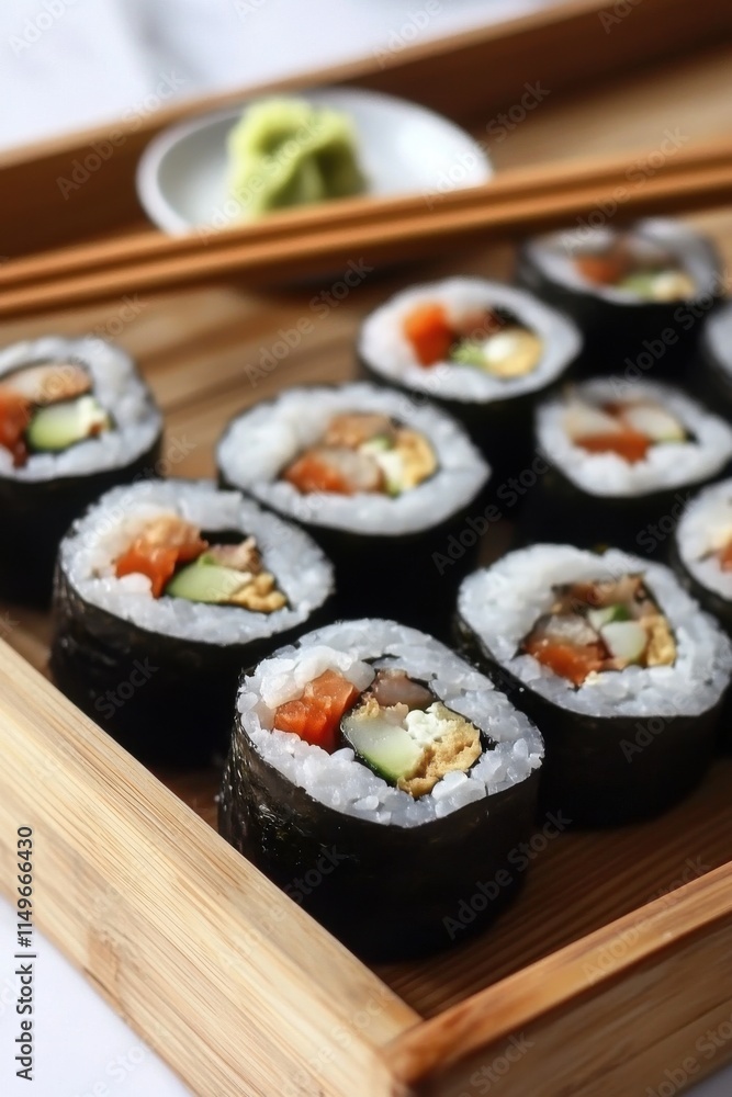 Delicious sushi rolls with fresh ingredients served on a wooden platter with wasabi and chopsticks. Delicious sushi rolls with fresh ingredients served on a wooden platter with wasabi and chopsticks.