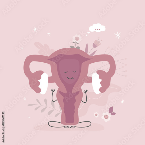 Cute happy uterus organ. Calm womb mascot sitting in yoga lotus pose. Relaxed healthy uterus during menstrual period, PMS and ovulation, menstruation control