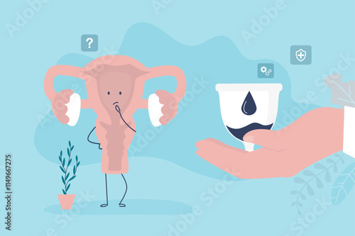 sanitary cup, device for collecting blood. Menstruation feminine period. Gynecologist hand give menstrual cup for use inside vagina. Funny uterus mascot thinks about pms.