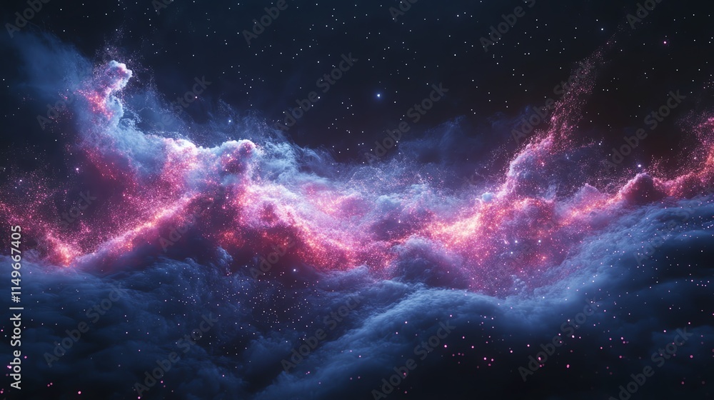 Fototapeta premium A vibrant nebula in space with pink and red hues against a dark blue background.